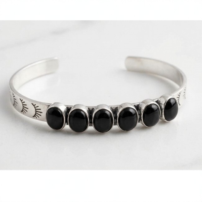 Black Stone Eye-Detail Cuff Bracelet Hover Image