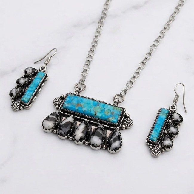 Turquoise & Black Stone Necklace & Earrings Set Hover Image