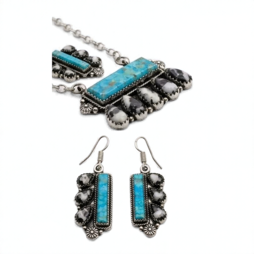 Turquoise & Black Stone Necklace & Earrings Set
