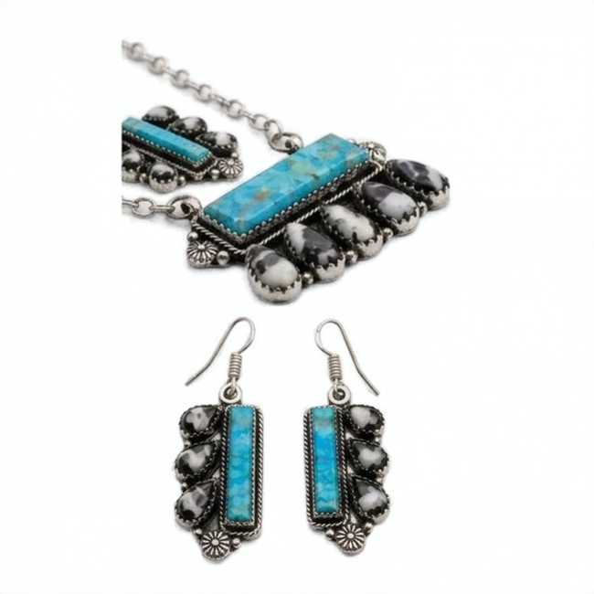 Turquoise & Black Stone Necklace & Earrings Set Main Image