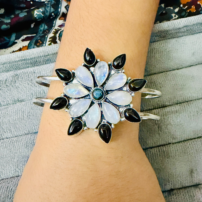 Midnight Bloom Black & White Floral Statement Cuff Bracelet Hover Image