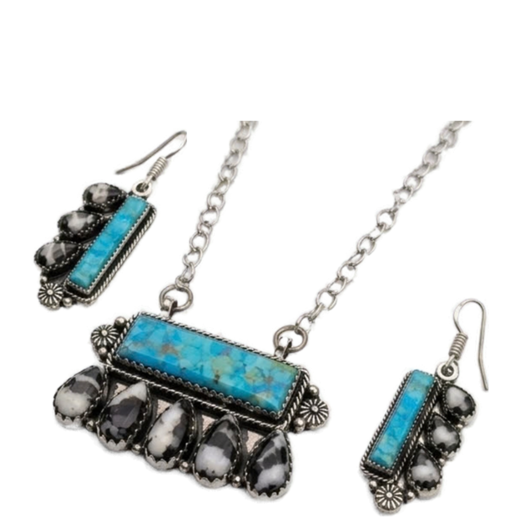 Turquoise & Black Stone Necklace & Earrings Set