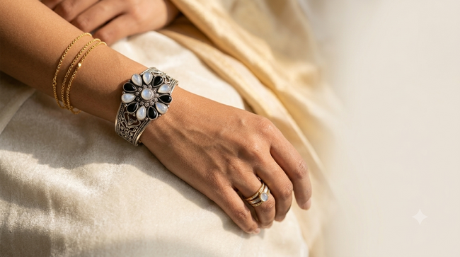 Midnight Bloom Black & White Floral Statement Cuff Bracelet Main Image