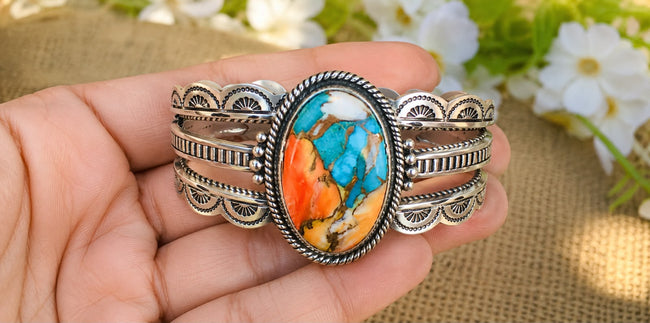 Turquoise & Orange Stone Cuff Bracelet Main Image